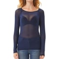 Miniatyrbilde 4 av 5: Dame Elastisk Scoop Neck Gjennomsiktig Sexy Slim Fit Mesh Topper Langermet Bluse Navy Blue S