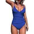 Miniatyrbillede 1 af 5: Dame Badedragt Heldragt V-hals Mavekontrol Rynket Front Lav Ryg Deep Blue M