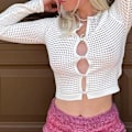 Miniatyrbillede 3 af 5: Dame Hul Ud Hæklet Strik Trøje Crop Tops Langærmet Trøje Cropped Style 9 M