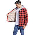 Miniatyrbilde 4 av 5: Rutete bomullsjakke for menn, fleeceforet flanellskjorte, Sherpa-jakke med knapper og hette for menn Red S