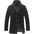 Miniatyrbild 1 av 5: Vinterärtkappa för män Slim Fit Enkelknäppt kort ulljacka ylle trenchcoat Black L