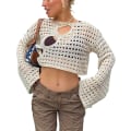 Miniatyrbillede 1 af 5: Dame Hul Ud Hæklet Strik Trøje Crop Tops Langærmet Trøje Cropped Beige M