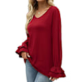 Miniatyrbilde 4 av 5: Dame Ensfargede Topper Casual V-hals Ruffle 3/4 Bell Erme Bluse Tunika Løs Skjorte Wine Red M