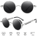 Pikkukuva 4 / 5: Vintage Polarisoidut Steampunk-aurinkolasit Miehille Pyöreät Aurinkolasit Tyylikkäät Silver Frame Grey Lenses