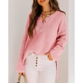 Miniatyrbillede 2 af 4: Oversized V-hals Knap Henley Toppe Dame Batwing Lange Ærmer Løs Jumper, Perfekt Til Vinter