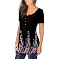 Miniatyrbilde 2 av 4: Dame Tunika Topper Ensfarget Plissert V-hals Knapper Bluse Blomstertrykte Damer Mixblack S