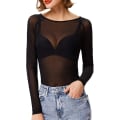 Miniatyrbilde 2 av 5: Dame Elastisk Scoop Neck Gjennomsiktig Sexy Slim Fit Mesh Topper Langermet Bluse Black 3XL