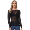Miniatyrbilde 1 av 5: Dame Elastisk Scoop Neck Gjennomsiktig Sexy Slim Fit Mesh Topper Langermet Bluse Black Print 3XL