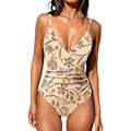 Miniatyrbillede 1 af 5: Dame Badedragt Heldragt V-hals Mavekontrol Rynket Front Lav Ryg Light Yellow Print XL