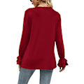 Miniatyrbilde 2 av 5: Dame Ensfargede Topper Casual V-hals Ruffle 3/4 Bell Erme Bluse Tunika Løs Skjorte Wine Red M