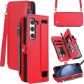 Miniatyrbilde 1 av 5: Lommeboketui med glidelås, kompatibelt med Samsung Galaxy Z Fold 5, magnetisk flip-etu i lær med S Pen-holder, stropp og kortholder Red For Galaxy Z Fold 5