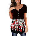 Miniatyrbilde 1 av 4: Dame Tunika Topper Ensfarget Plissert V-hals Knapper Bluse Blomstertrykte Damer White M