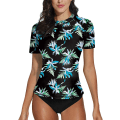 Miniatyrbilde 1 av 5: Dame Kort Erme Skjorte Surf Topp Badedrakt Sommer Svømming Sport Upf 50+ Blomstermønster Green Blue M