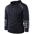 Miniatyrbillede 2 af 5: Herre Gotisk Steampunk Snøre Hættetrøje Middelalder Ridder Langærmet Syning Læder Rustning Sweatshirt Pullover Sort Black L