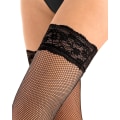 Miniatyrbilde 4 av 5: Hold Up-strømper for kvinner med blondekant, silke, sklisikker silikon, transparent lårhøy Fishnet Black L
