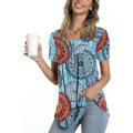 Miniatyrbilde 1 av 5: Dame Vår-sommer Henley Skjorter Knapp Tunic Topper 2023 Casual Kort Erm Bluse T Mixed Blue XL