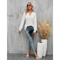 Miniatyrbillede 4 af 4: Dame Casual V-hals Toppe Sorte Skjorter Lanterne Lange Ærmer Bluser White L