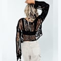 Miniatyrbillede 4 af 5: Dame Hul Ud Hæklet Strik Trøje Crop Tops Langærmet Trøje Cropped Style 8 L