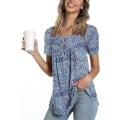 Miniatyrbilde 1 av 5: Dame Vår-sommer Henley Skjorter Knapp Tunic Topper 2023 Casual Kort Erm Bluse T Cyan-blue XL