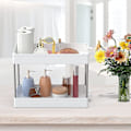 Miniatyrbillede 4 af 5: Underskabs Organizer, 2-lags Underskabs Opbevarings Organizer, Badeværelses Stående Hylde, Badekollektion Udtrækskurve Med Kroge, Multifunktionel Opbevaring