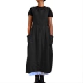 Miniatyrbilde 1 av 5: Damekjole Casual Løs Ensfarget Forklekekjole Lange Stropper Bomull Lin Overalls Kjoler Med Lommer, beige black XL