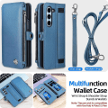 Miniatyrbilde 2 av 5: Lommeboketui med glidelås, kompatibelt med Samsung Galaxy Z Fold 5, magnetisk flip-etu i lær med S Pen-holder, stropp og kortholder Blue For Galaxy Z Fold 5