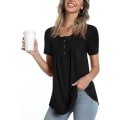 Miniatyrbilde 1 av 5: Dame Vår-sommer Henley Skjorter Knapp Tunic Topper 2023 Casual Kort Erm Bluse T Black XL