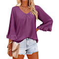Miniatyrbilde 1 av 5: Dame Ensfargede Topper Casual V-hals Ruffle 3/4 Bell Erme Bluse Tunika Løs Skjorte Fuchsia M