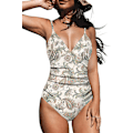 Miniatyrbillede 1 af 5: Dame Badedragt Heldragt V-hals Mavekontrol Rynket Front Lav Ryg Paisley Print L