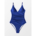 Miniatyrbillede 5 af 5: Dame Badedragt Heldragt V-hals Mavekontrol Rynket Front Lav Ryg Deep Blue M