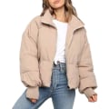 Miniatyrbilde 1 av 5: Vinterjakke for kvinner, langermet, ståkrage, glidelås, pufferjakke, baggy, kort, dunjakke, polstret kåpe Khaki Large