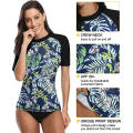 Miniatyrbilde 2 av 5: Dame Kort Erme Skjorte Surf Topp Badedrakt Sommer Svømming Sport Upf 50+ Blomstermønster Navy Leaves XL