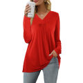 Miniatyrbilde 1 av 3: Dame Casual Topper V-hals T-skjorte Kort/lang Erme Plisserte Longine Skjorter Red XXL