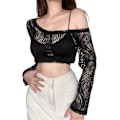 Miniatyrbillede 1 af 5: Dame Hul Ud Hæklet Strik Trøje Crop Tops Langærmet Trøje Cropped Style 6 M