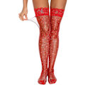 Miniatyrbillede 4 af 5: Dame Anti-skrid Silikone Blonde Silke Lårhøje Strømper Rhinestone Red One Size