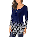 Miniatyrbilde 2 av 4: Dame Tunika Topper Ensfarget Plissert V-hals Knapper Bluse Blomstertrykte Damer White 2XL