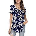 Miniatyrbild 2 av 4: Dam vår-sommar Henley Shirts Button Up Tunika Toppar 2023 Casual Kortärmad Blus T White Flower M