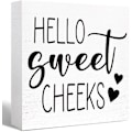 Miniatyrbild 1 av 5: Rolig badrumsskylt i trä Hello Sweet Cheeks Träblockskylt för badrumshyllan Toalett Toalett Hembordsdekoration, bondgård Badrumsträlåda