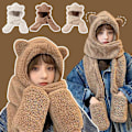 Miniatyrbild 9 av 11: Varm Björn Öron Hatt Casual Plysch Hatt Halsduk Set Mode Vinter Björn Hatt Ny C9 U9M9 beige One size