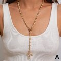 Miniatyrbild 1 av 11: Pärlkors Y-formad Kedja Halsband Lång Mångsidig Tofs Tröja Golden 1pcs