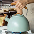 Miniatyrbilde 8 av 8: Fløytende Tekanne 3L Lysegrønn Flat Bunn Rustfritt Stål Tekanne med Teknisk Plast Håndtak for Hjemmet
