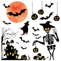 Pikkukuva 1 / 7: 2 sarjaa Halloween-aiheisia seinätarroja: Punainen kuu, lepakko, linna, kurpitsa, haamu, luuranko