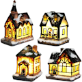 Miniatyrbild 1 av 5: Julbelyst hus, omtänksam gåva för bordsdekoration inomhus, 4 stycken byhus i harts med professionell design och knappbatteri