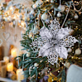 Miniatyrbild 5 av 6: Glittrande Julgransdekorationer, Julstjärna Konstgjord Blomma Med Silverglitterpulver För Festlig Dekor