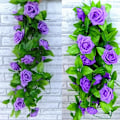 Miniatyrbillede 2 af 11: 2,4 m Kunstig Blomstrende Silke Rose Blomster Ranke Efeu Hjem Bryllupsdekoration Purple
