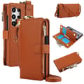 Etui til iPhone 15 Plus brun Ring lynlås Crossbody Wallet med kortholder til flere kort