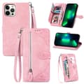 Etui til iPhone 16 Pro pink lynlås 3D Præget pung med kortholder Flip