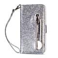 Fodral för iPhone 16Pro Silver Glitter Dragkedja Läderfodral Mode glitter dragkedja Flip Enfärgad