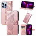 Etui til iPhone 13 Pro Rose Gull Preget Sommerfugl Lommebok med Kortholder Flip 3D Preget