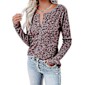 Miniatyrbild 4 av 5: Kvinnors höst-/vintermode V-ringad print Långärmad Casual Lös T-shirt Plus Size Burgundy M